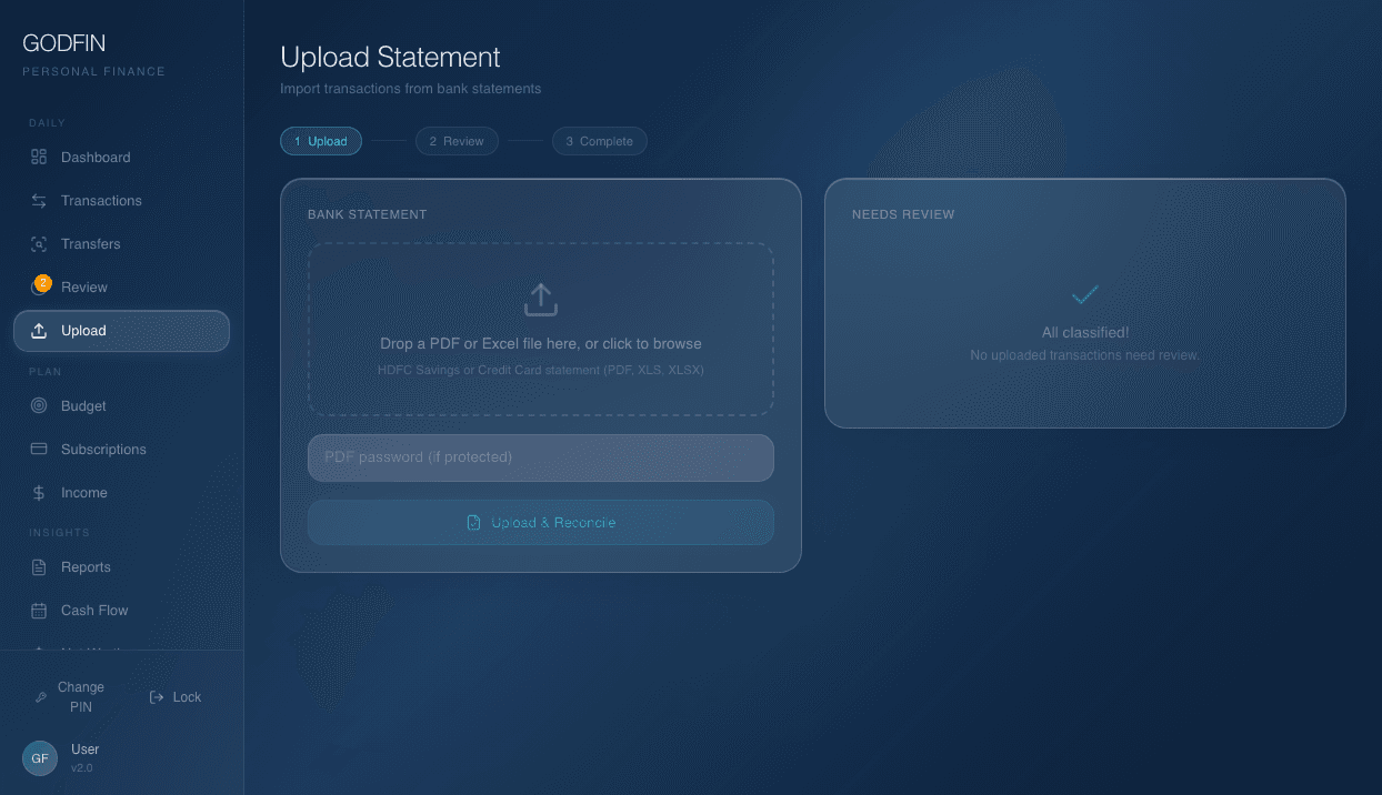 GODFIN statement import screen using privacy-safe synthetic data