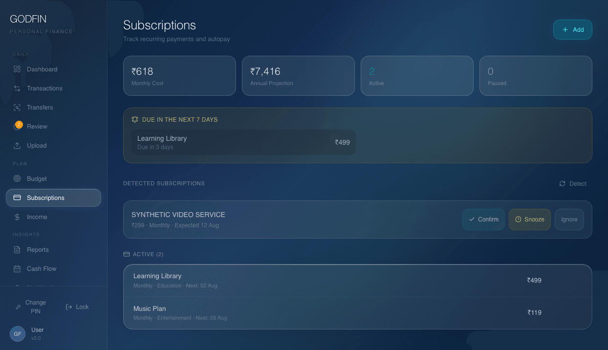 GODFIN subscriptions screen with synthetic recurring costs and a confirmation candidate
